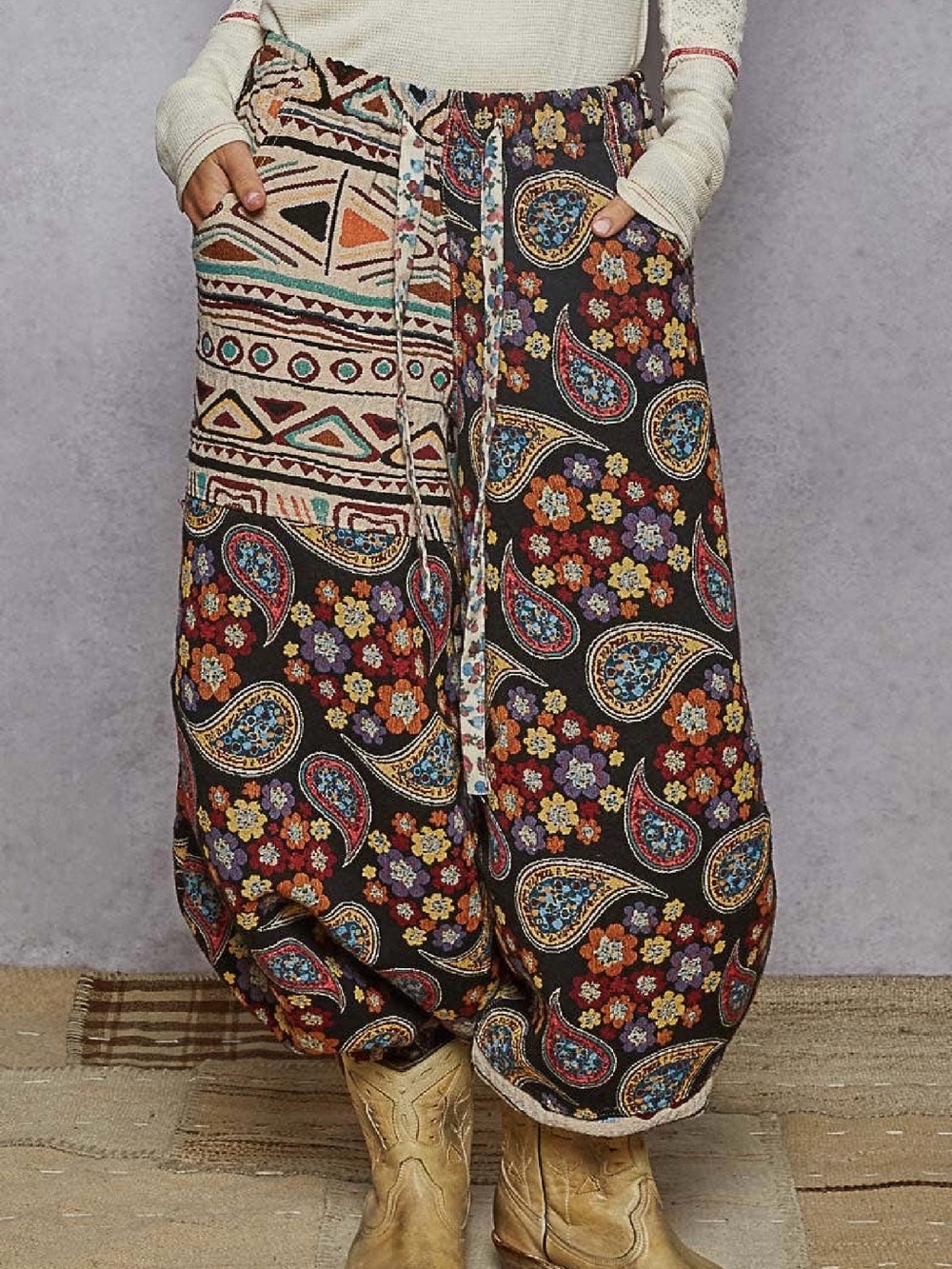 POL Boho Paisley & Floral Elastic Hem Pants